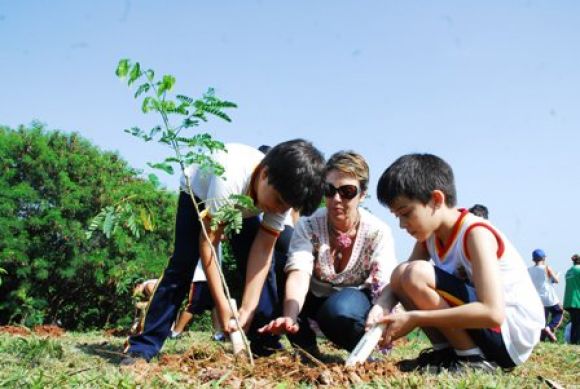 Foto demonstrando laços de família ao plantar um jardim